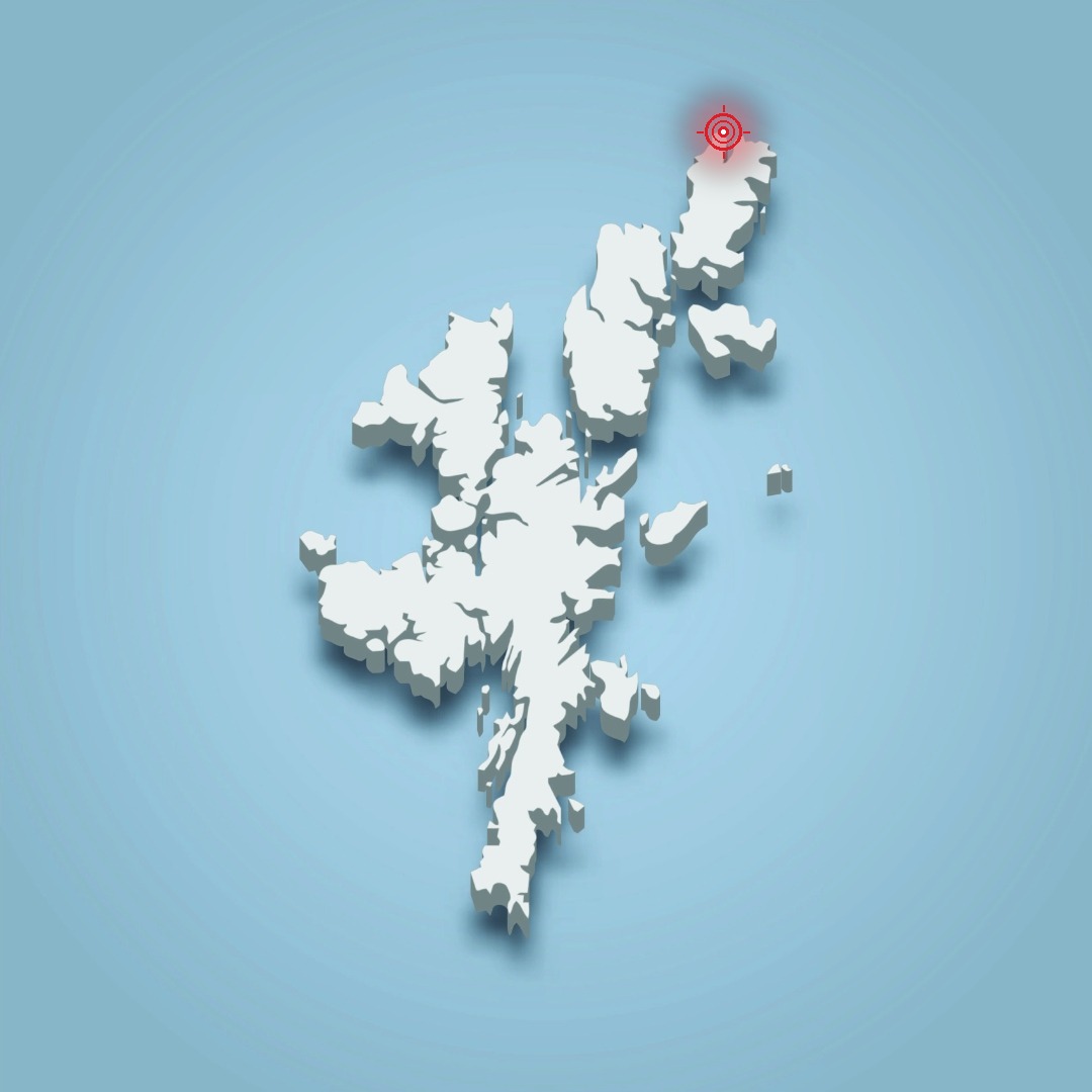 Map of the Shetland Islands with the SaxaVord Space Port location marked at Lamba Ness on the northern tip of Unst